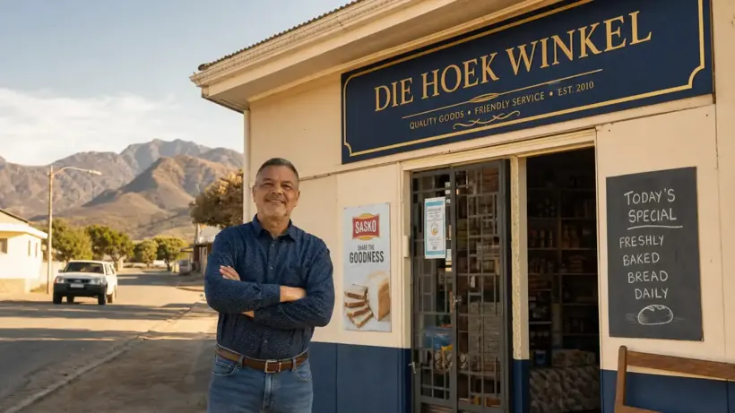 Proud small-town South African shop owner outside his newly branded corner shop
